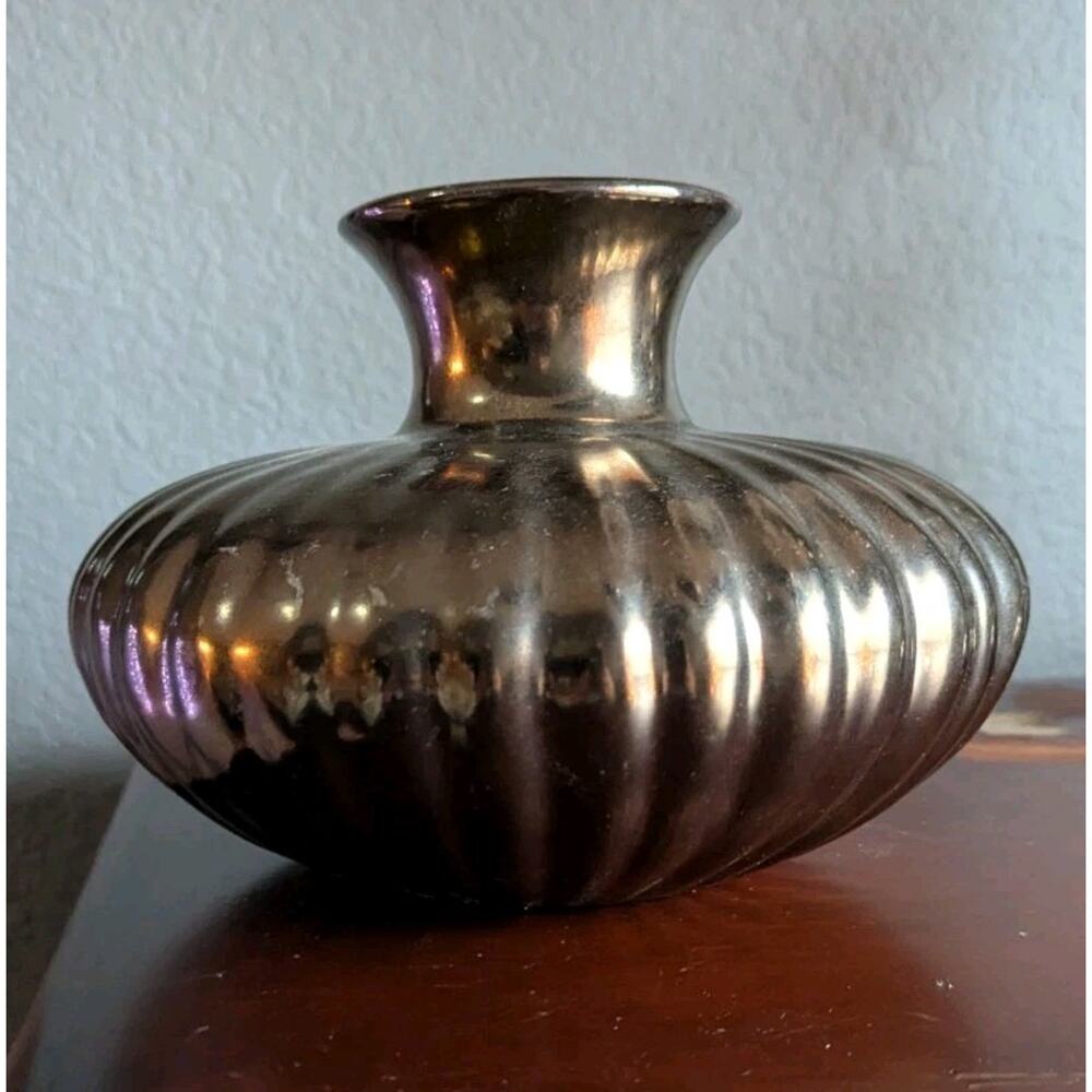 Vtg Haeger Ribbed Metallic Vase Mid Century Modern Art Pottery Bronze Melon - Picture 4 of 8